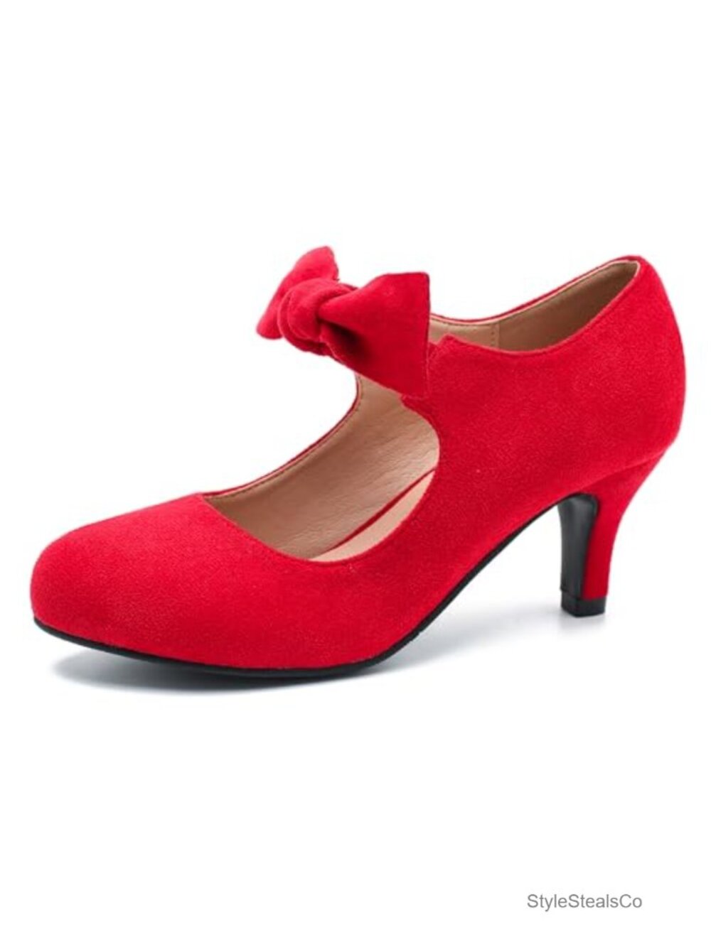 Women's Bow Mary Jane Kitten Heel Pumps, Round Toe, Faux Suede